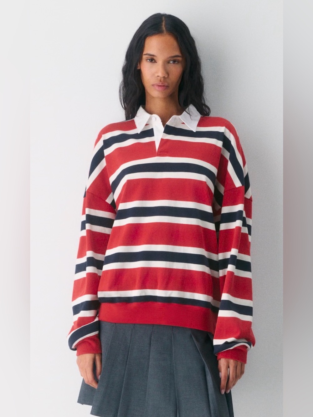 Aritzia Red, Black & White Striped V-Neck Rugby Sweater